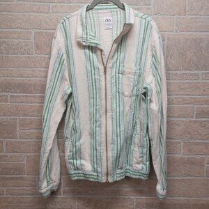 ZARA Striped White/Green Full Zip Cotton Jacket Size Large Retro Chic Trendy